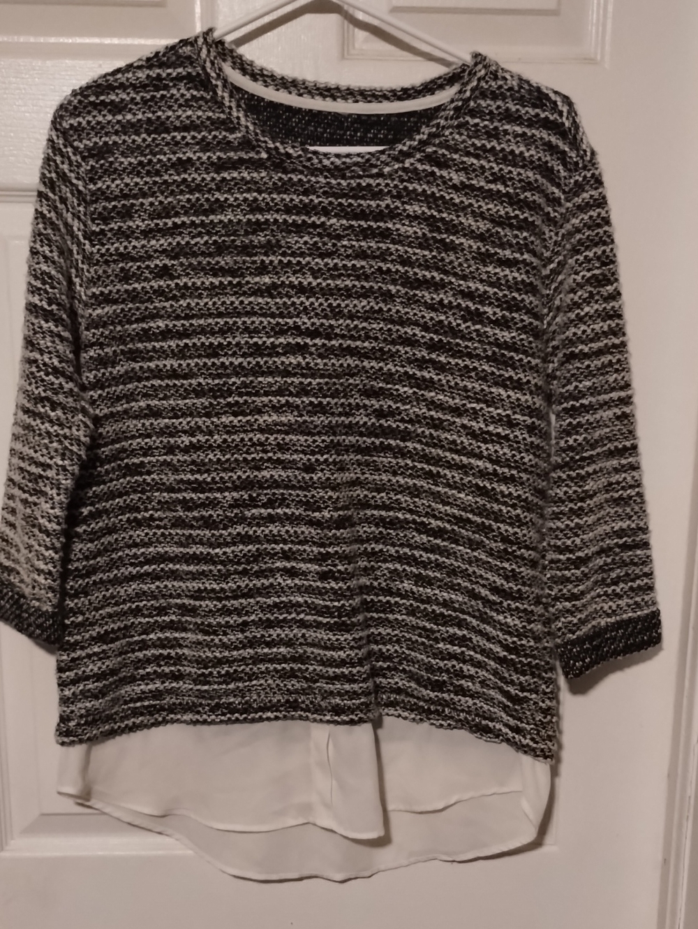 Women's Black & White Layered Knit Sweater with Chiffon Hem